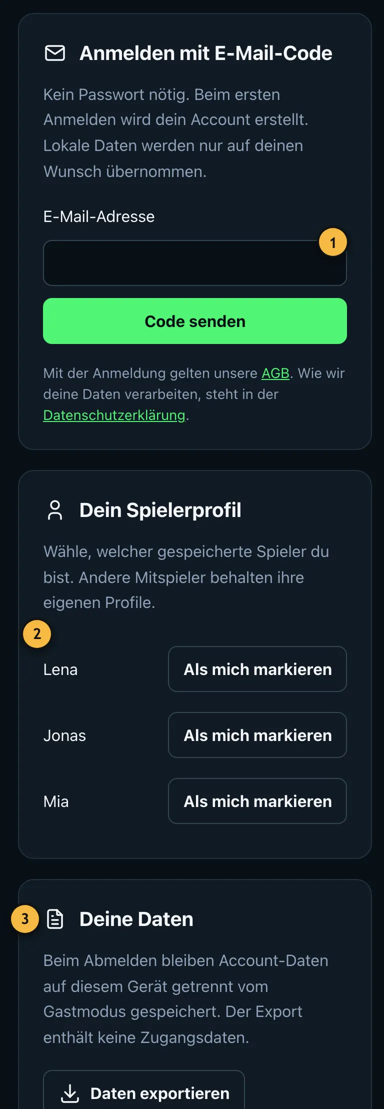 Seite „Daten sichern & synchronisieren“ mit E-Mail-Anmeldung, Spielerprofil und Datenexport