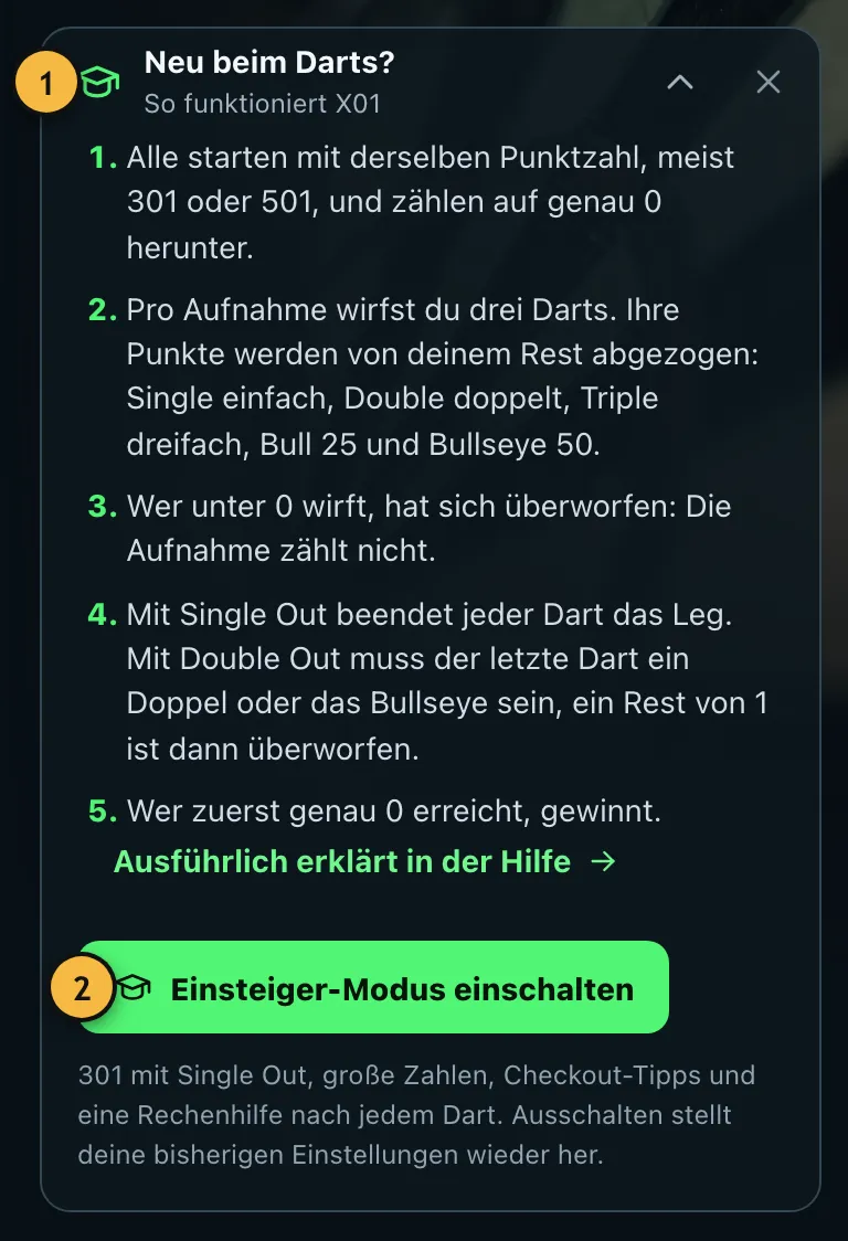 Aufgeklappter Hinweis „Neu beim Darts?“ mit den X01-Regeln und dem Knopf zum Einschalten