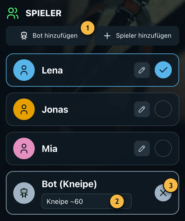 Spielerauswahl mit Lena und einem Bot der Stärke Kneipe