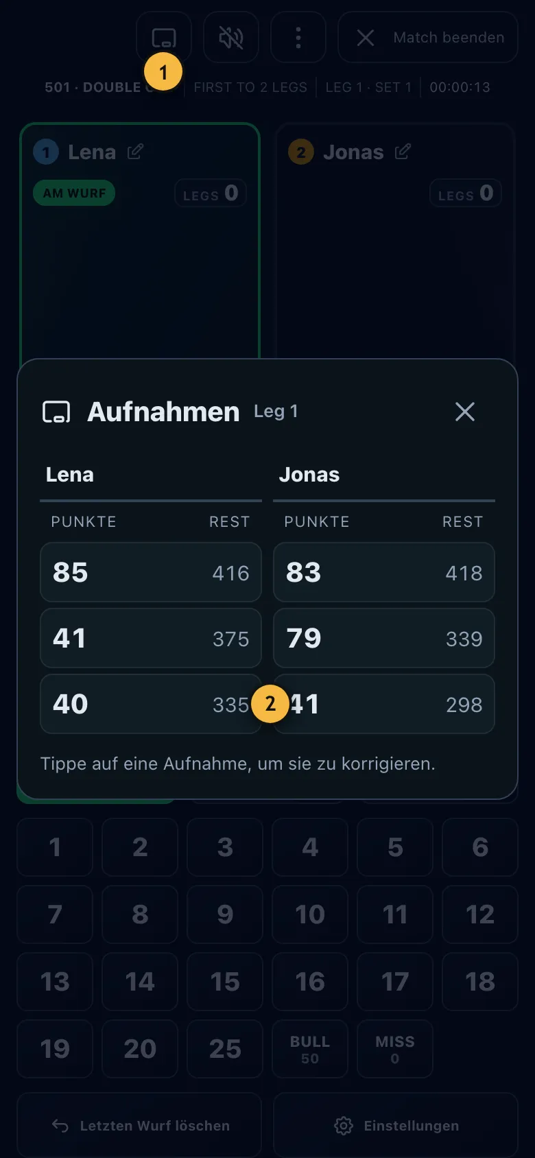 Liste aller Aufnahmen des Legs mit Punkten und Rest, ähnlich einer Kreidetafel