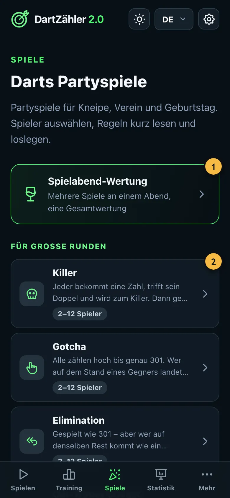 Übersicht der Partyspiele, gruppiert nach Runde
