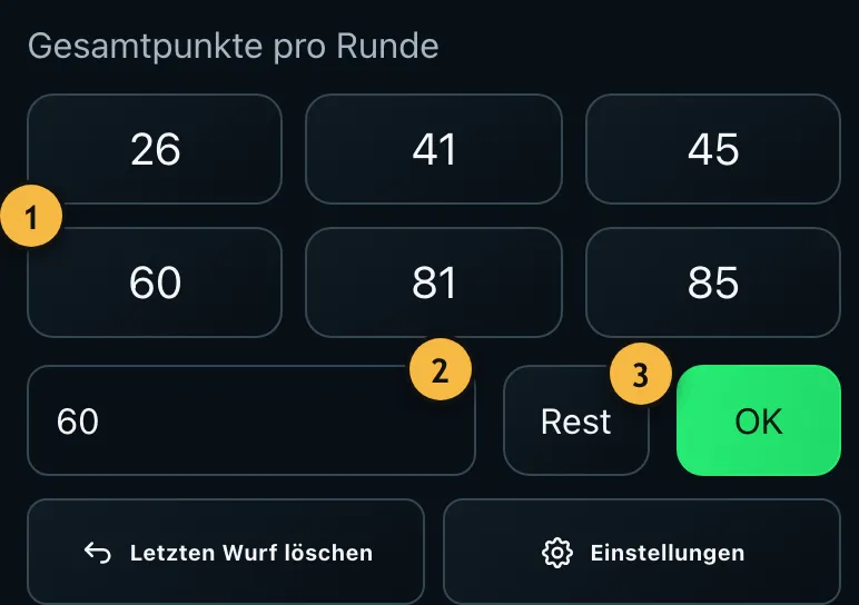 Eingabe der Gesamtpunkte mit Eingabefeld und sechs Schnellwerten