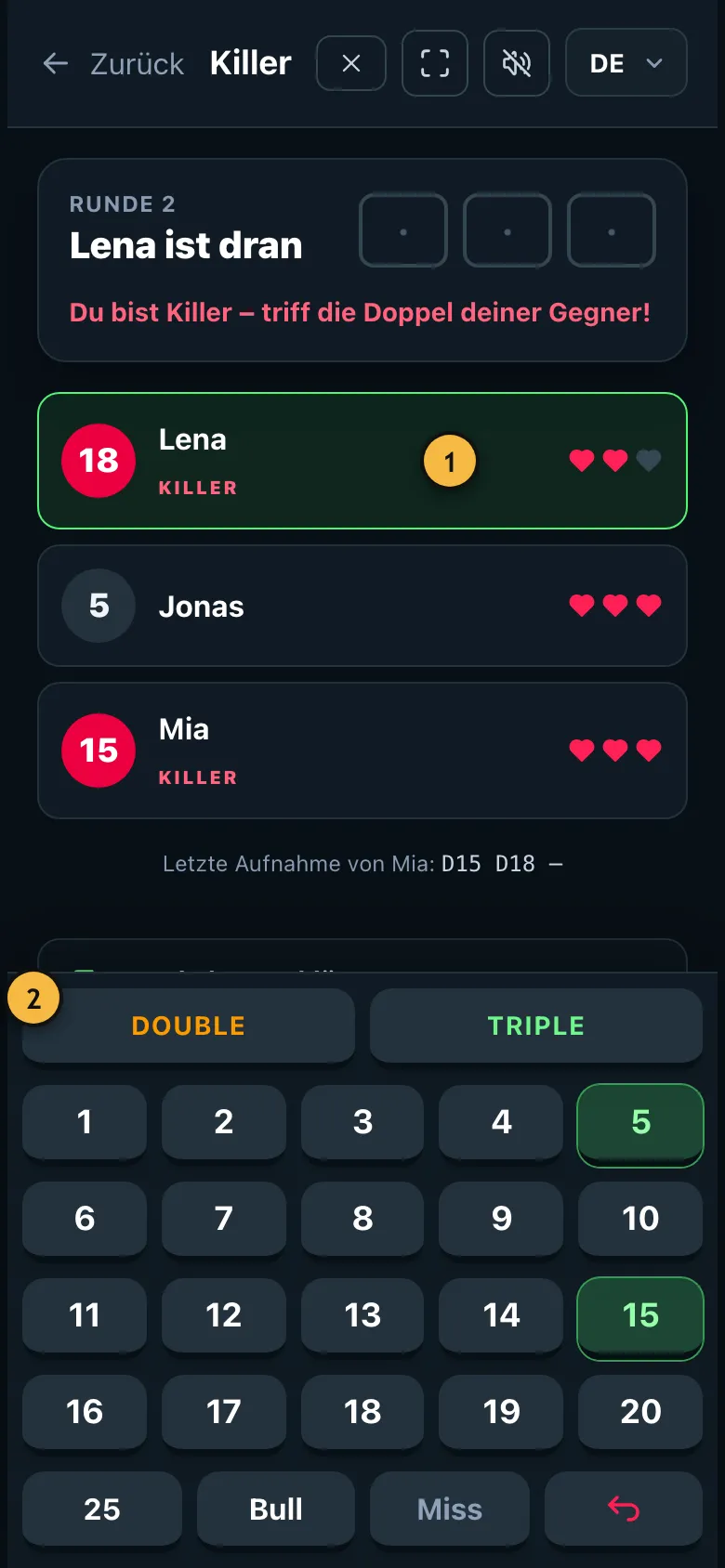Laufendes Killer-Spiel mit Zahlen und Leben der Spieler