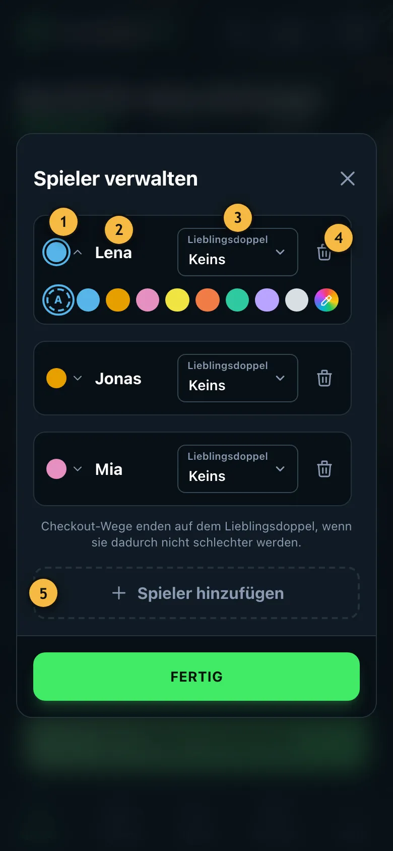 Dialog zum Bearbeiten der Spielerliste mit den Namen Lena, Jonas und Mia