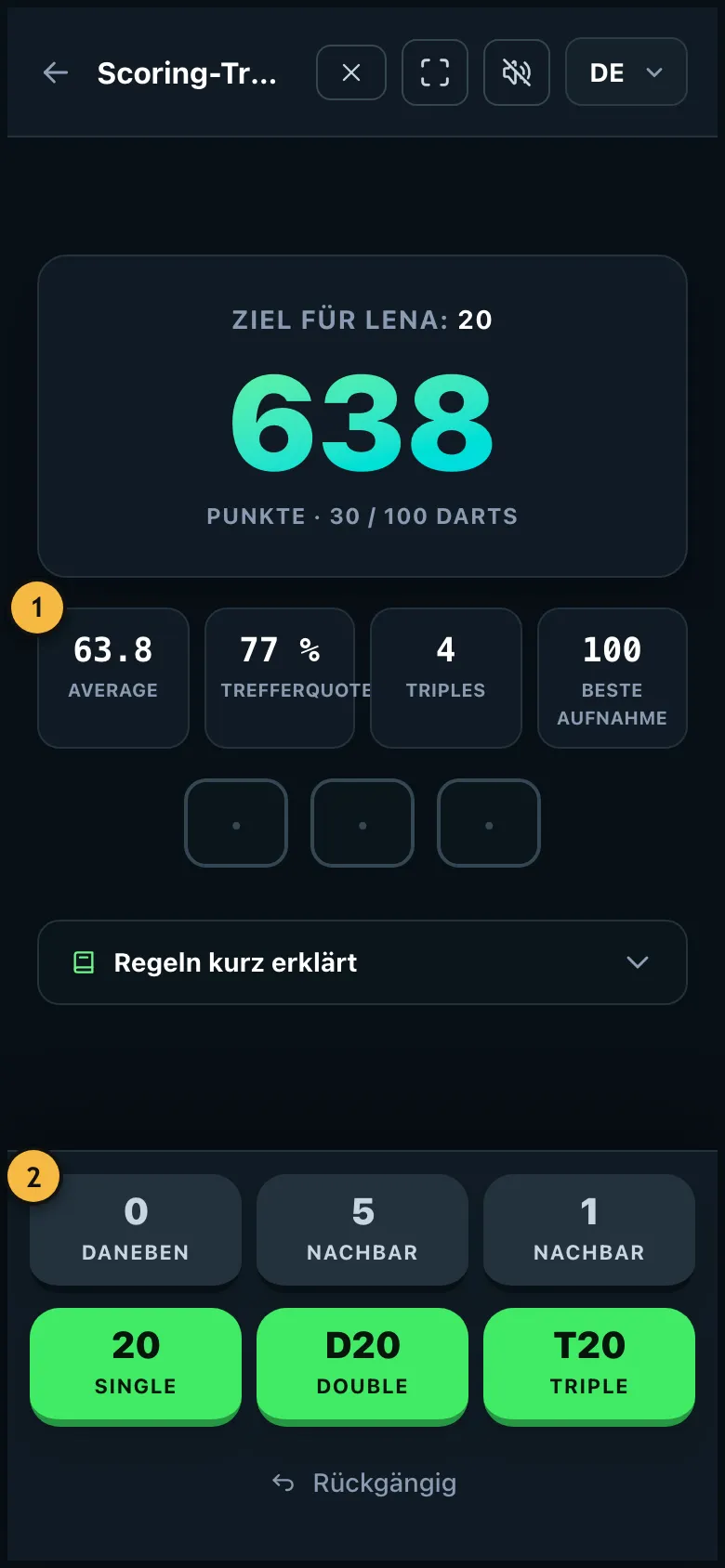 Scoring-Training auf die 20 mit Average, Trefferquote und Triples