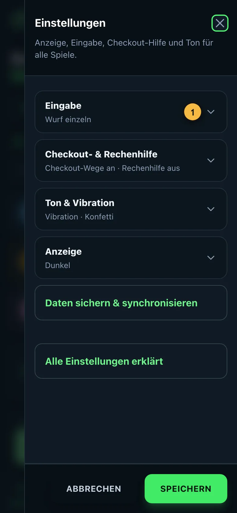 Einstellungen mit den Bereichen Eingabe, Checkout- und Rechenhilfe, Bot, Ton und Vibration sowie Anzeige