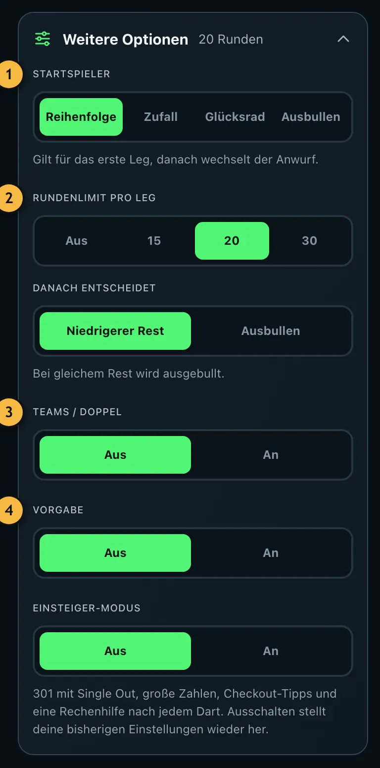 Aufgeklappte weitere Optionen mit Startspieler, Rundenlimit, Teams, Vorgabe und Einsteiger-Modus
