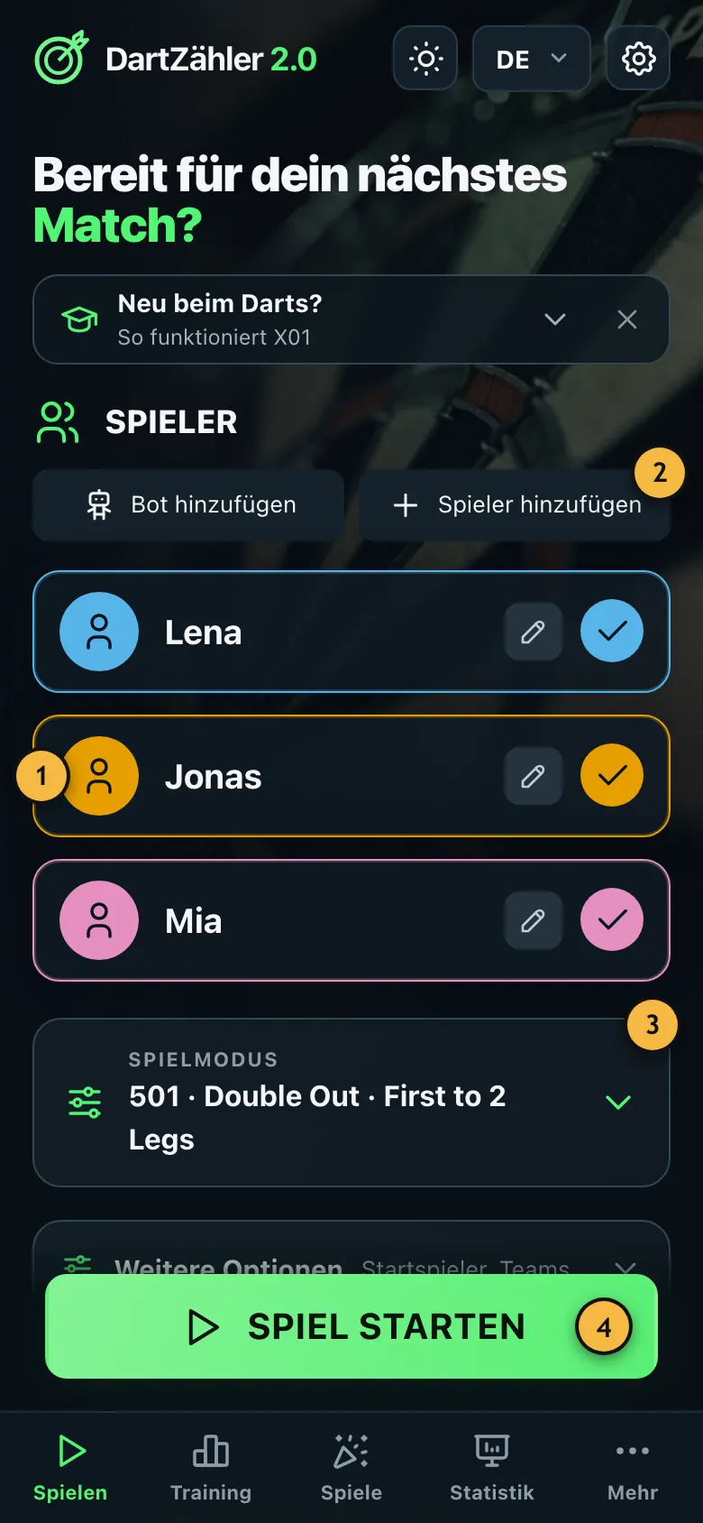 Startseite mit drei Spielern, der Spieleinstellung und dem Knopf „Spiel starten“
