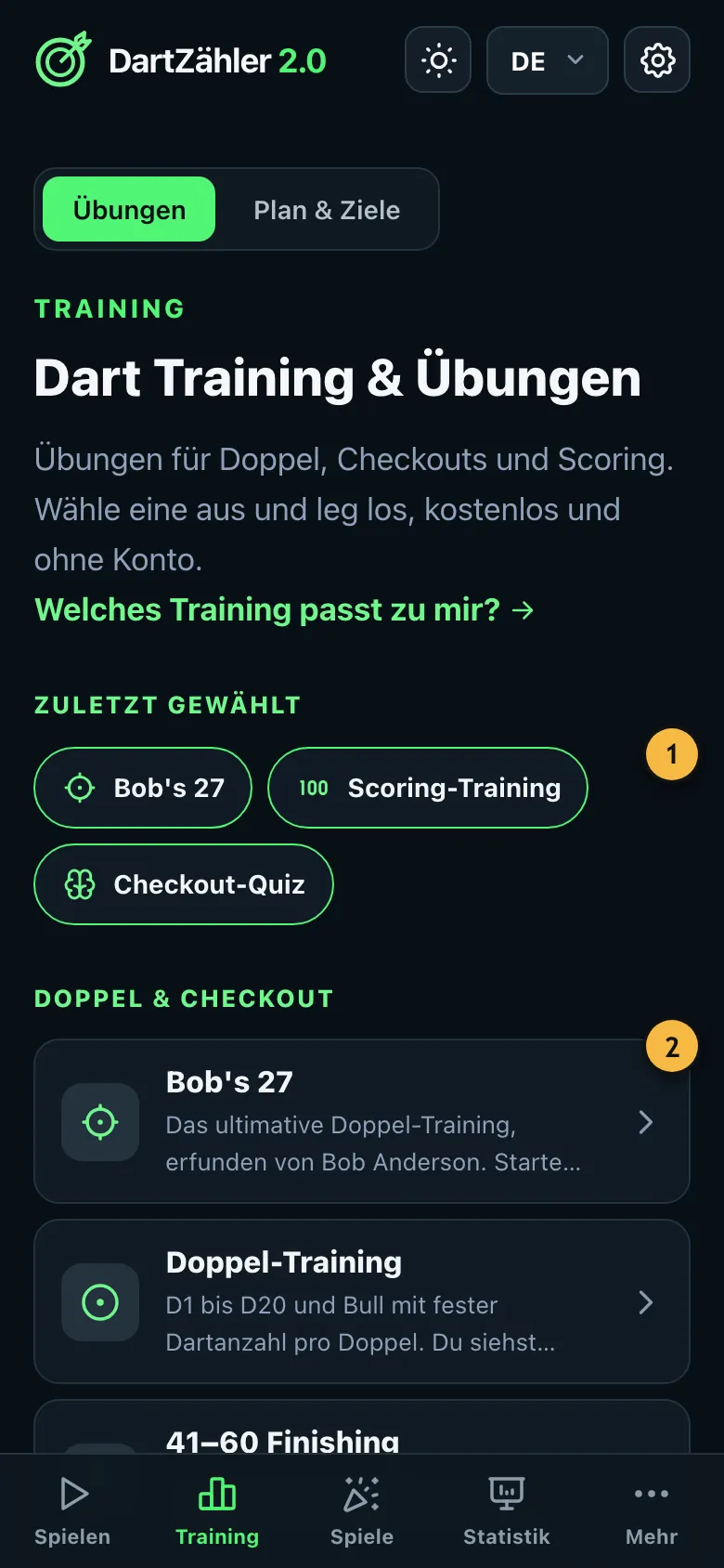 Trainingsübersicht mit den Gruppen Doppel und Checkout sowie Checkout-Wege lernen