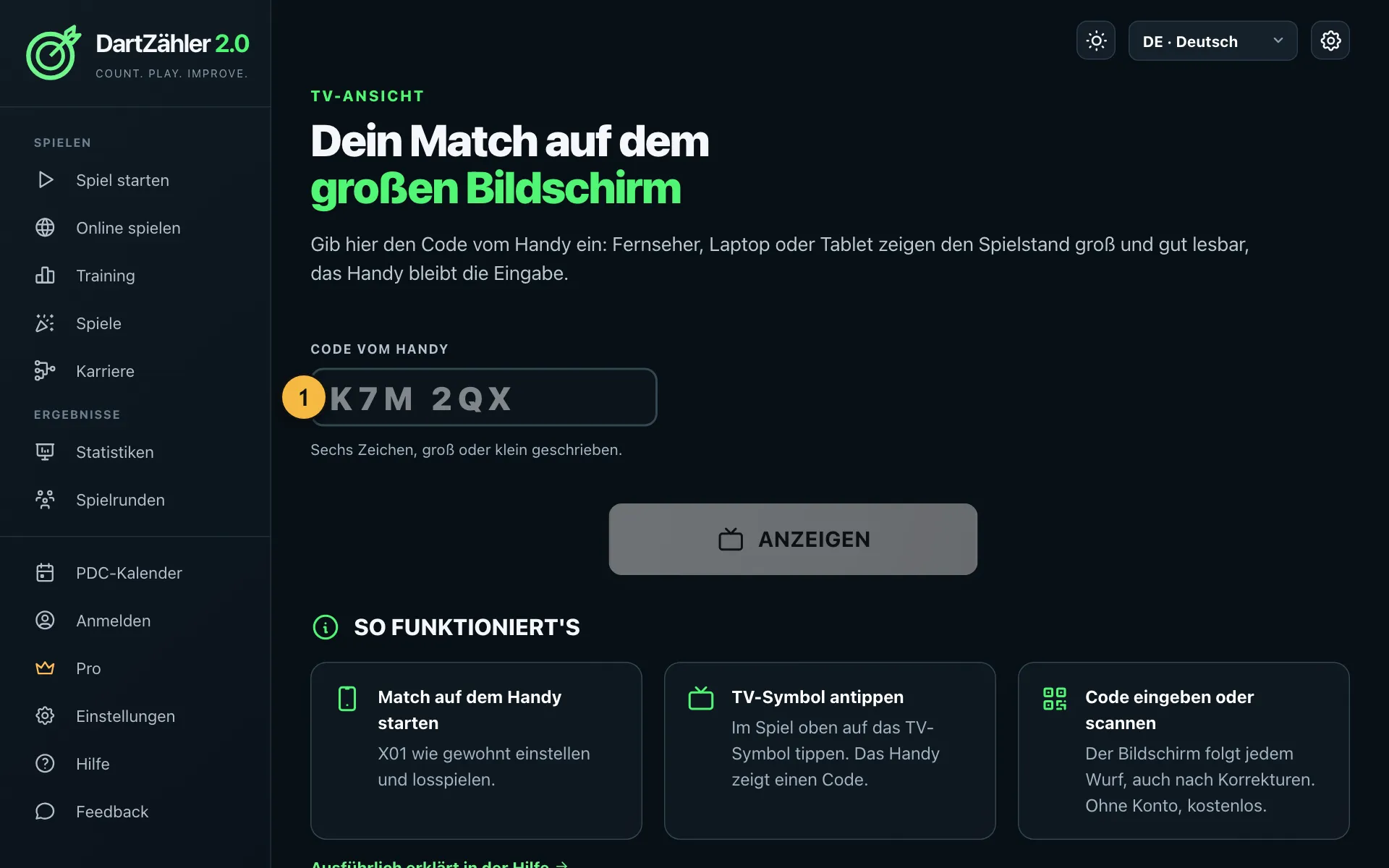 Seite der TV-Ansicht mit Eingabefeld für den Code vom Handy