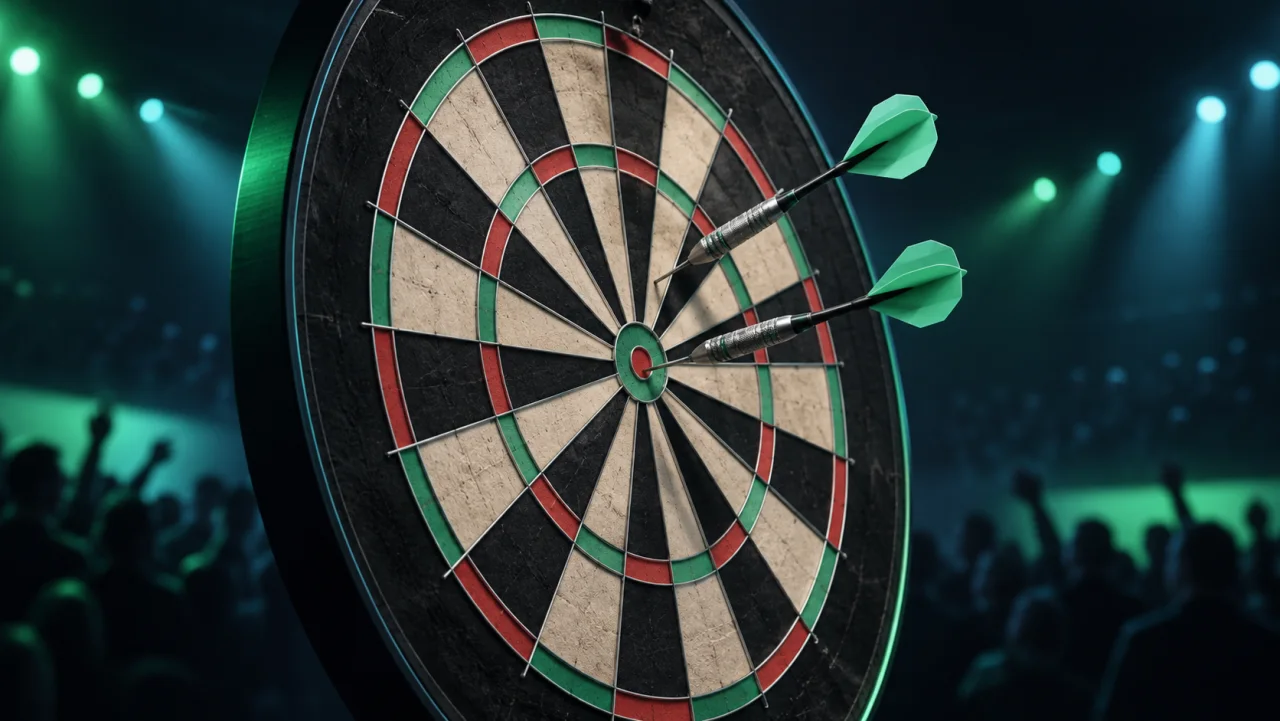 Illustration einer Dartsscheibe mit zwei Darts vor grün und türkis beleuchteten Zuschauern.